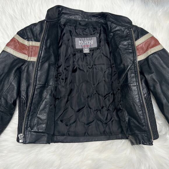 WILSONS LEATHER Black Leather Biker Jacket Kids Size XS Moto Striped Motorcycle - Picture 3 of 10